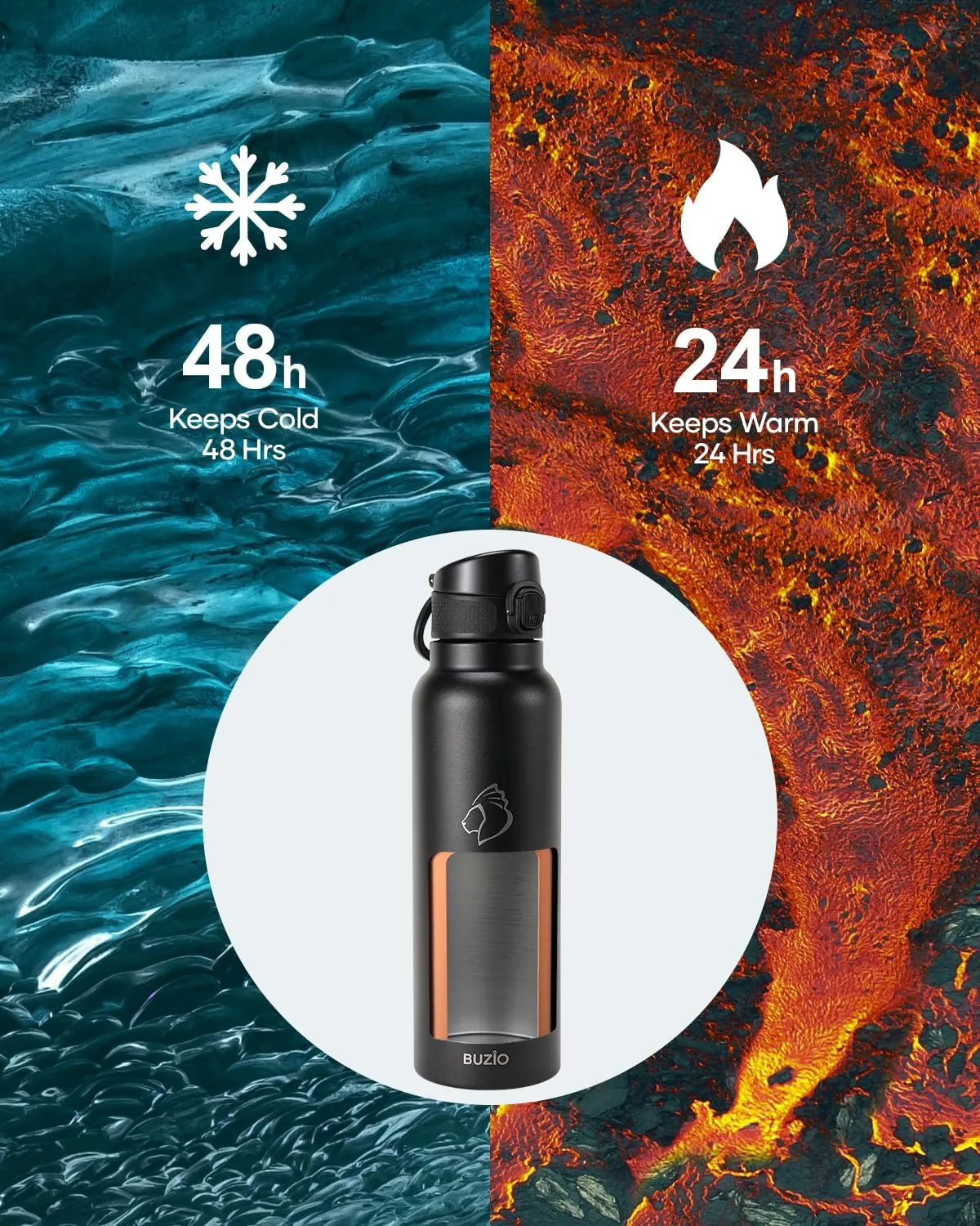 32oz Insulated Water Bottle with Straw Lid, 2PCS BUZIO Vacuum Stainless Steel Water Bottles with Handle, Double Wall Leakproof Sport Drinking Thermo Flask- Cold for 48 Hrs, Black Purple