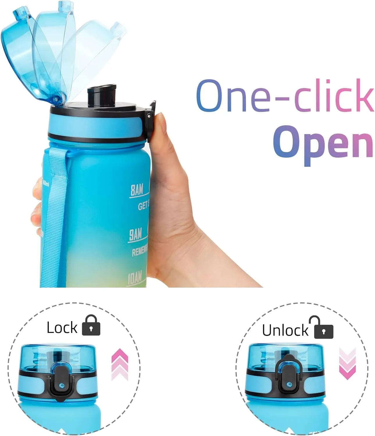 32oz Motivational Water Bottles with Time Marker, Leak-proof BPA Free Non-Toxic Drinking Sports Water Bottle with Carrying Strap