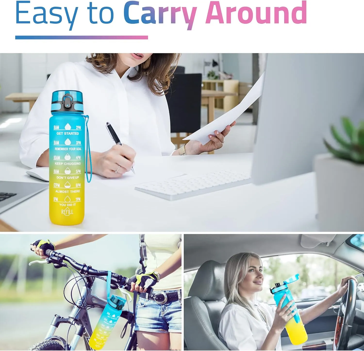 32oz Motivational Water Bottles with Time Marker, Leak-proof BPA Free Non-Toxic Drinking Sports Water Bottle with Carrying Strap