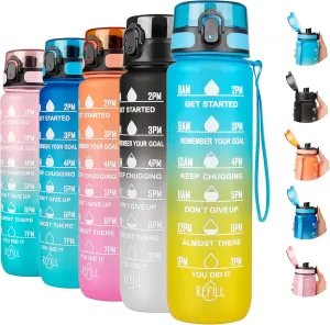 32oz Motivational Water Bottles with Time Marker, Leak-proof BPA Free Non-Toxic Drinking Sports Water Bottle with Carrying Strap
