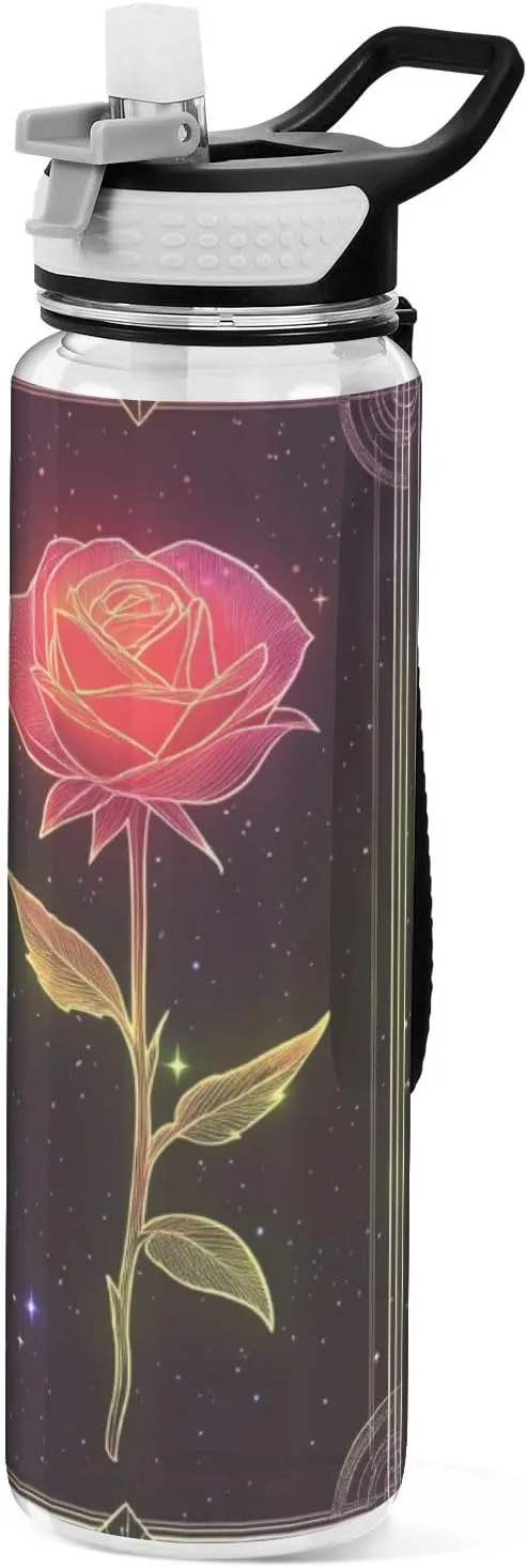 32oz Rose Tarot Neon Mystery Tarot Cards Travel Water Bottle Tritan No BPA non toxic Water Jug for Work for Fitness Collapsible