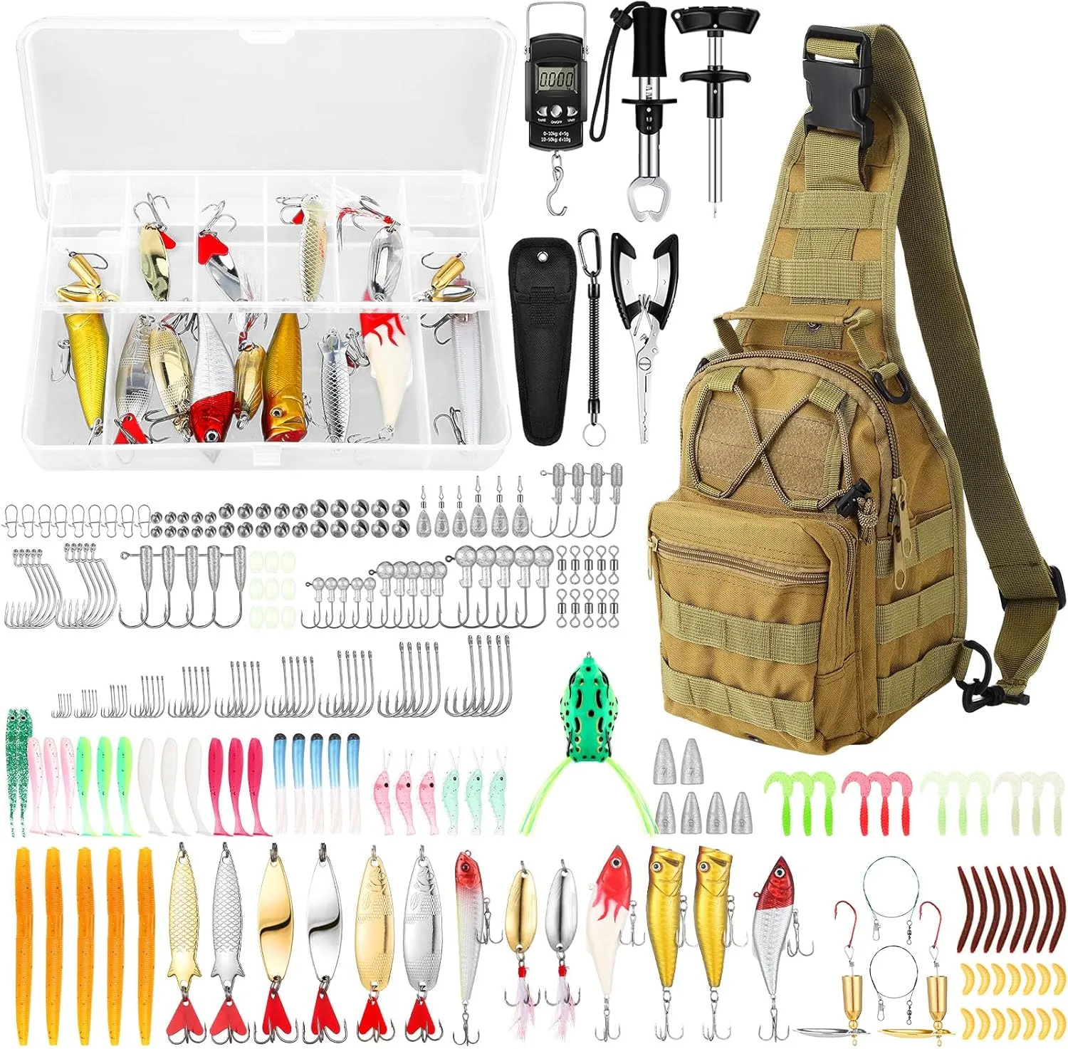 393 Pcs Fishing Tool Kit with Backpack, Tackle Boxes, Pliers, Bait Lure, Gear, Fish Hook Remover for Men, Women, Outdoor