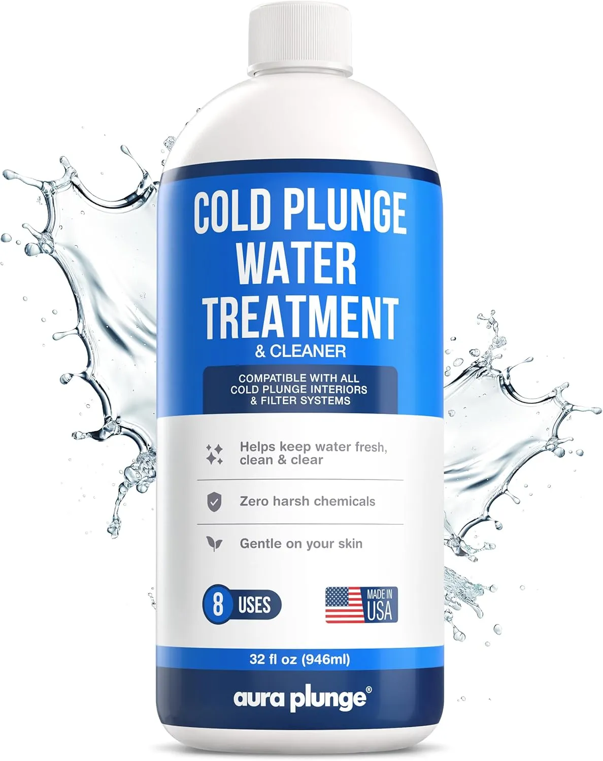 3in1 Natural Cold Plunge Water Treatment - Cleaner, Clarifier & Water Stabilizer for Cold Plunge - No Harsh Chemicals - Keeps Ice Bath Water Clean & Odor-Free - Made in USA (8 Week Supply, 32oz)