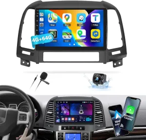4 64G Android 13 Car Radio for Hyundai Santa Fe 2006-2012, 9'' HD 1280 * 720 Touchscreen Bluetooth Car Stereo with Wireless CarPlay Android Auto Mirror Link GPS Navi,WiFi,32EQ DSP,SWC Camera&Mic