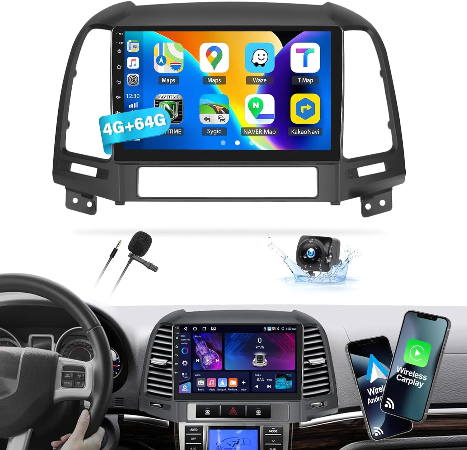 4 64G Android 13 Car Radio for Hyundai Santa Fe 2006-2012, 9'' HD 1280 * 720 Touchscreen Bluetooth Car Stereo with Wireless CarPlay Android Auto Mirror Link GPS Navi,WiFi,32EQ DSP,SWC Camera&Mic