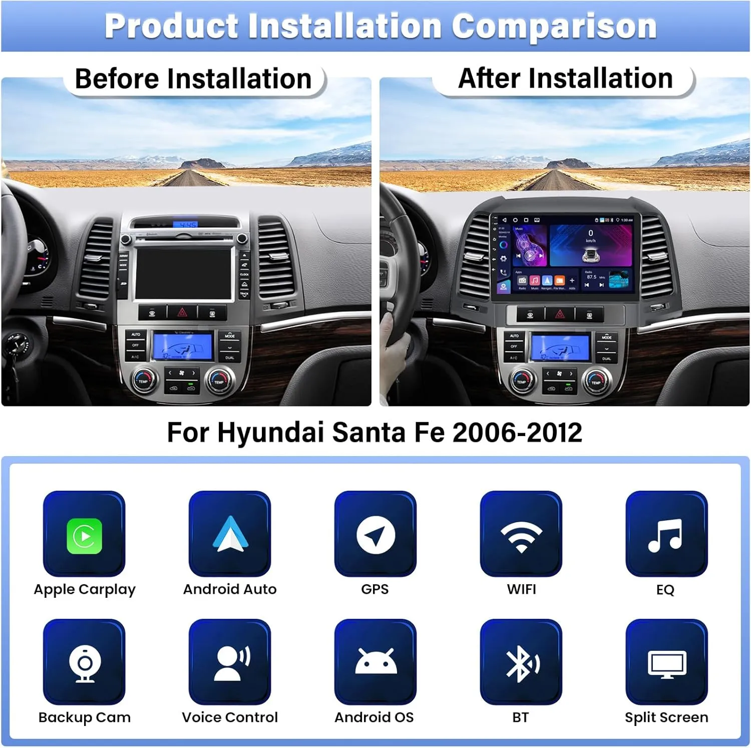 4 64G Android 13 Car Radio for Hyundai Santa Fe 2006-2012, 9'' HD 1280 * 720 Touchscreen Bluetooth Car Stereo with Wireless CarPlay Android Auto Mirror Link GPS Navi,WiFi,32EQ DSP,SWC Camera&Mic