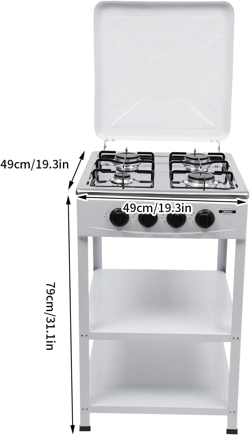 4 Burner Gas Stove Gas Cooker with Storage Stand Freestanding Outdoor Bbq Grill Camping Stove for RV, Apartment, Outdoor Cooking (White)