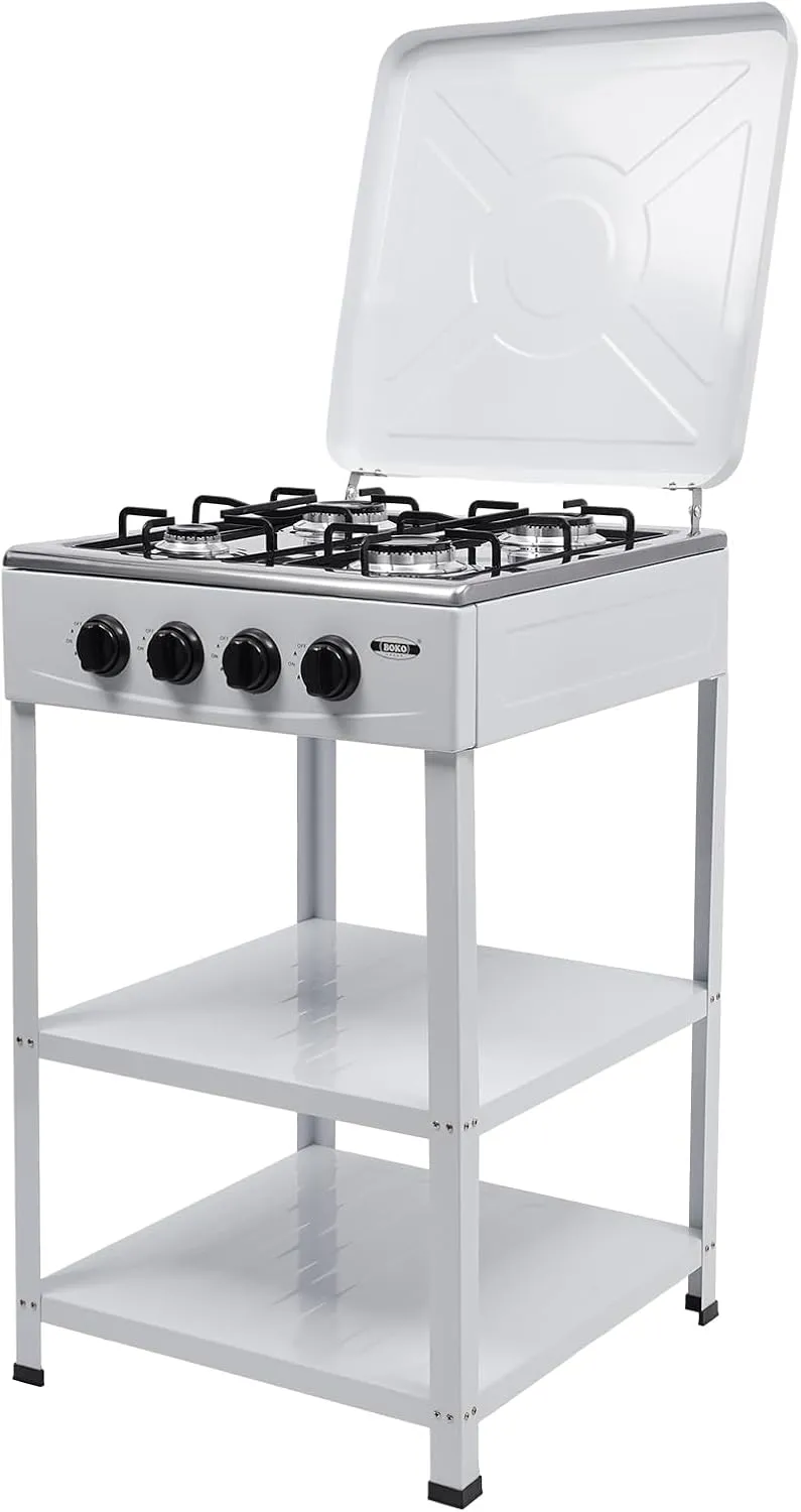 4 Burner Gas Stove, Portable Outdoor Stove with Support Leg Stand and Wind Blocking Cover Heavy Duty Camping Freestanding Stove for Backyard Cooking Camping (White)