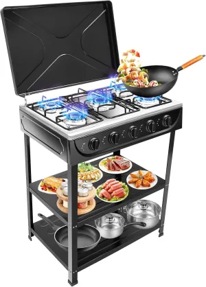 4 Burner Gas Stove,Portable Outdoor Manual Camping Stove, Stainless Steel Propane Gas Cooker with 2 Layers Storage Rack for Home RV Apartment