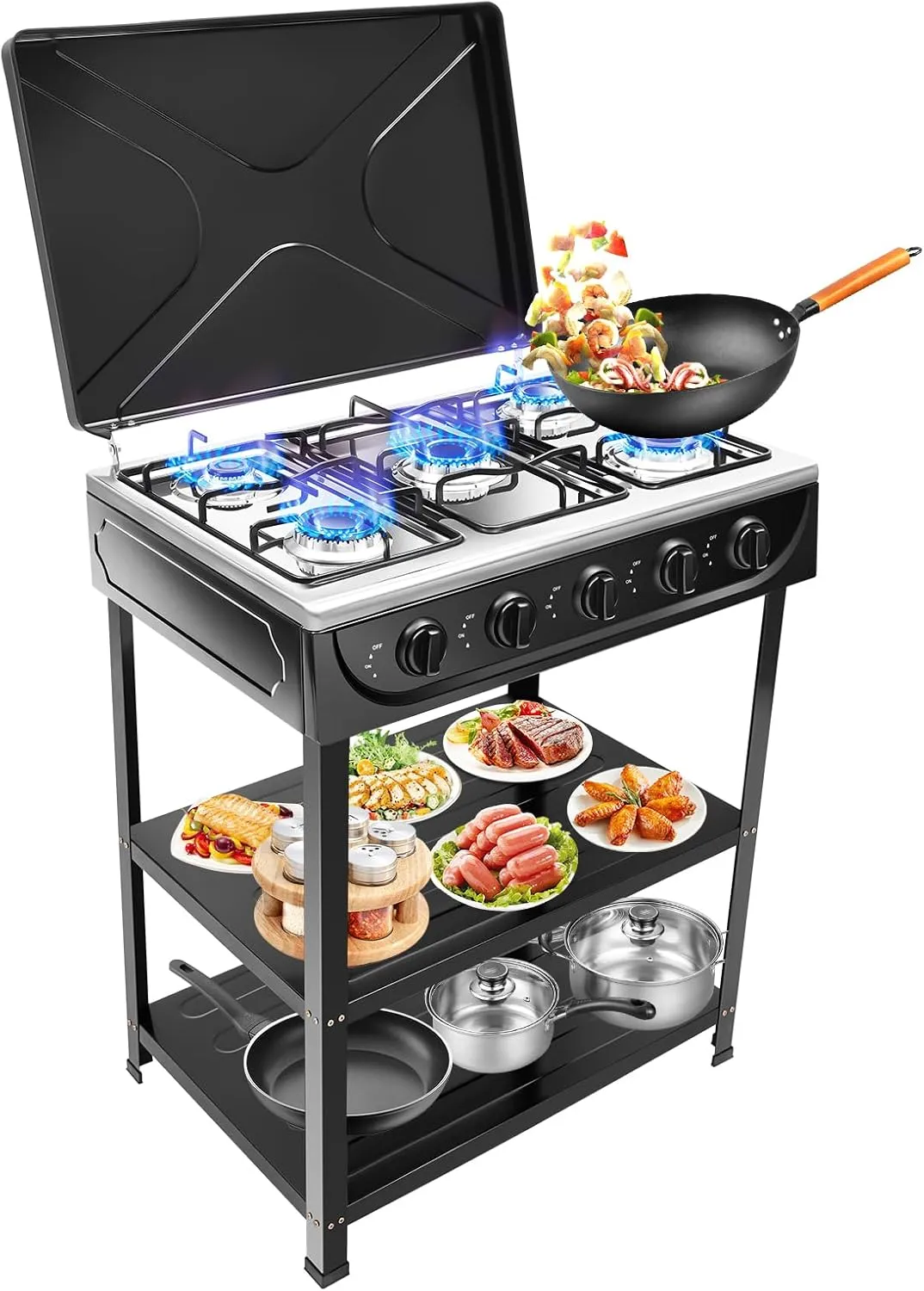 4 Burner Gas Stove,Portable Outdoor Manual Camping Stove, Stainless Steel Propane Gas Cooker with 2 Layers Storage Rack for Home RV Apartment