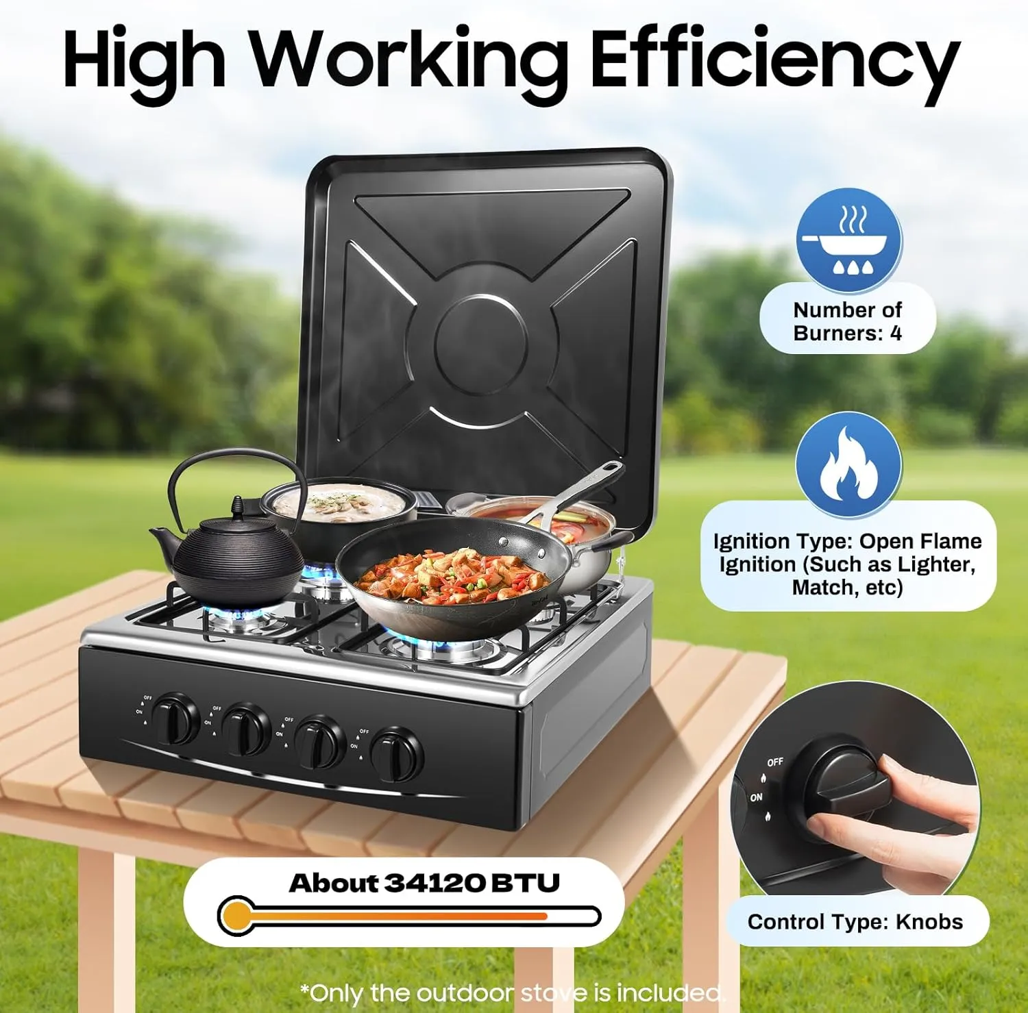 4 Burner Gas Stove,Portable Propane Stove,Camping Stove with Support Leg Stand and Wind Blocking Cover,Freestanding Gas Stove for RV Apartment Outdoor Cooking