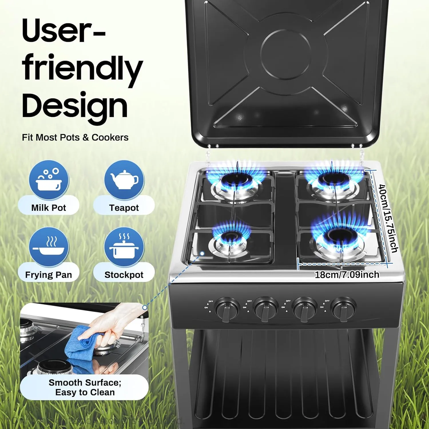 4 Burner Gas Stove,Portable Propane Stove,Camping Stove with Support Leg Stand and Wind Blocking Cover,Freestanding Gas Stove for RV Apartment Outdoor Cooking