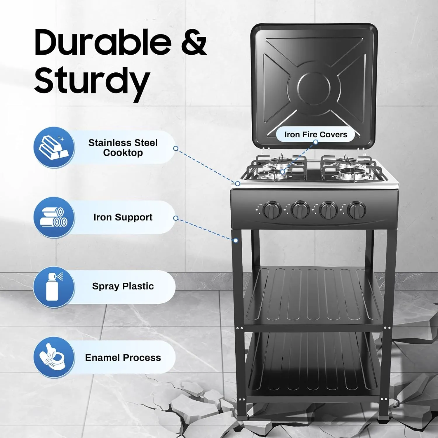 4 Burner Gas Stove,Portable Propane Stove,Camping Stove with Support Leg Stand and Wind Blocking Cover,Freestanding Gas Stove for RV Apartment Outdoor Cooking
