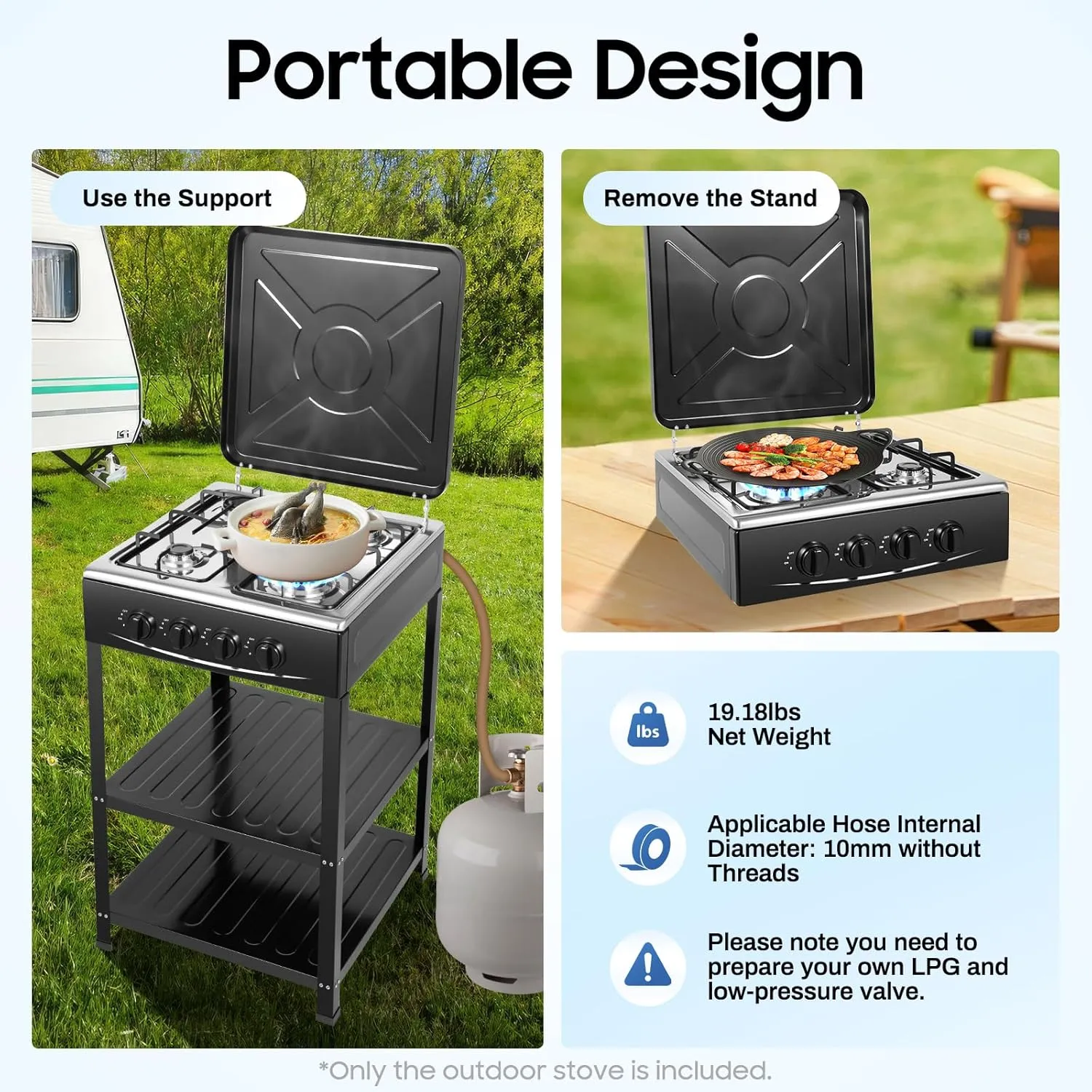 4 Burner Gas Stove,Portable Propane Stove,Camping Stove with Support Leg Stand and Wind Blocking Cover,Freestanding Gas Stove for RV Apartment Outdoor Cooking