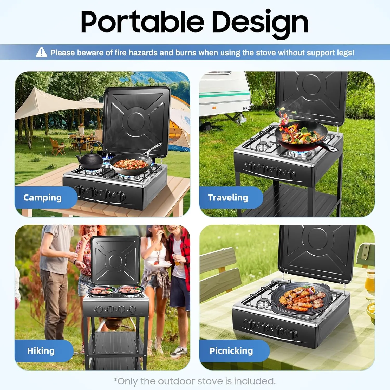 4 Burner Gas Stove,Portable Propane Stove,Camping Stove with Support Leg Stand and Wind Blocking Cover,Freestanding Gas Stove for RV Apartment Outdoor Cooking