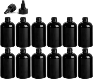 4 Ounce Boston Round Bottles, PET Plastic Empty Fillable BPA-Free, with Black Twist Caps (Pack of 12) (Black)
