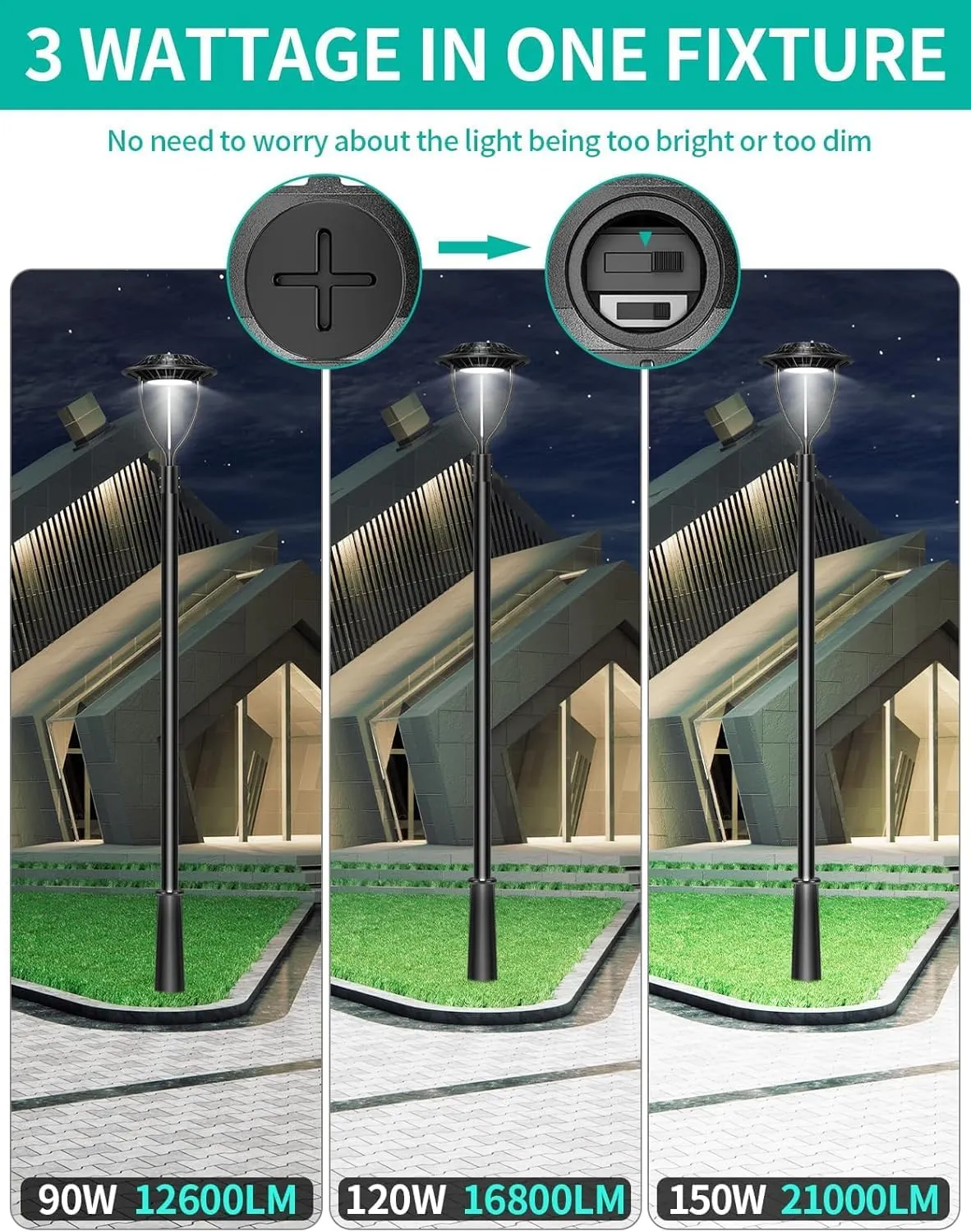 4 Pack LED Post Top Light ETL DLC Listed 150W 120W 90W Adjustable Outdoor Pole Lights with Photocell IP65 Waterproof Post LED Fixture 5000K for Garden Yard Street Lighting