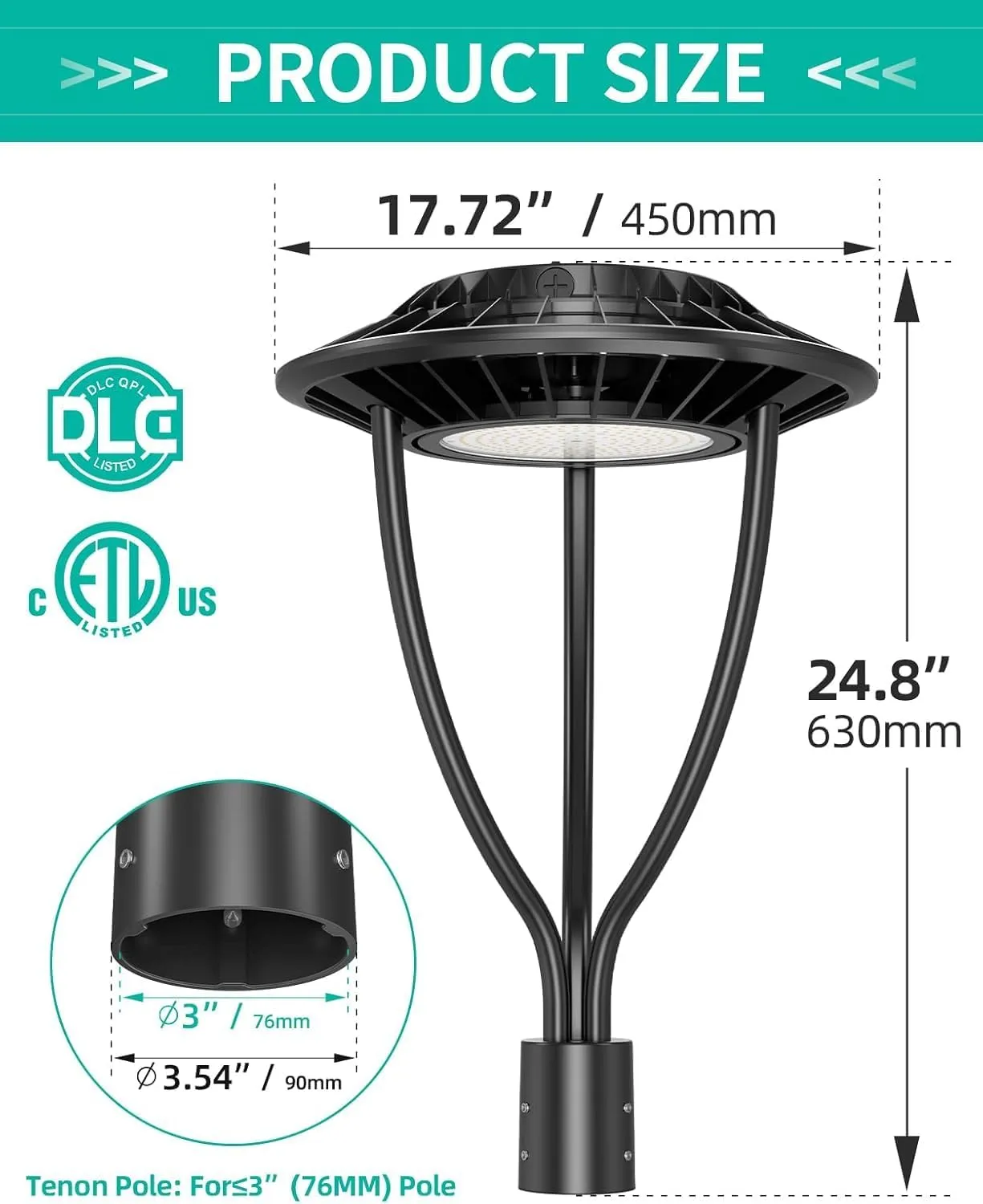 4 Pack LED Post Top Light ETL DLC Listed 150W 120W 90W Adjustable Outdoor Pole Lights with Photocell IP65 Waterproof Post LED Fixture 5000K for Garden Yard Street Lighting