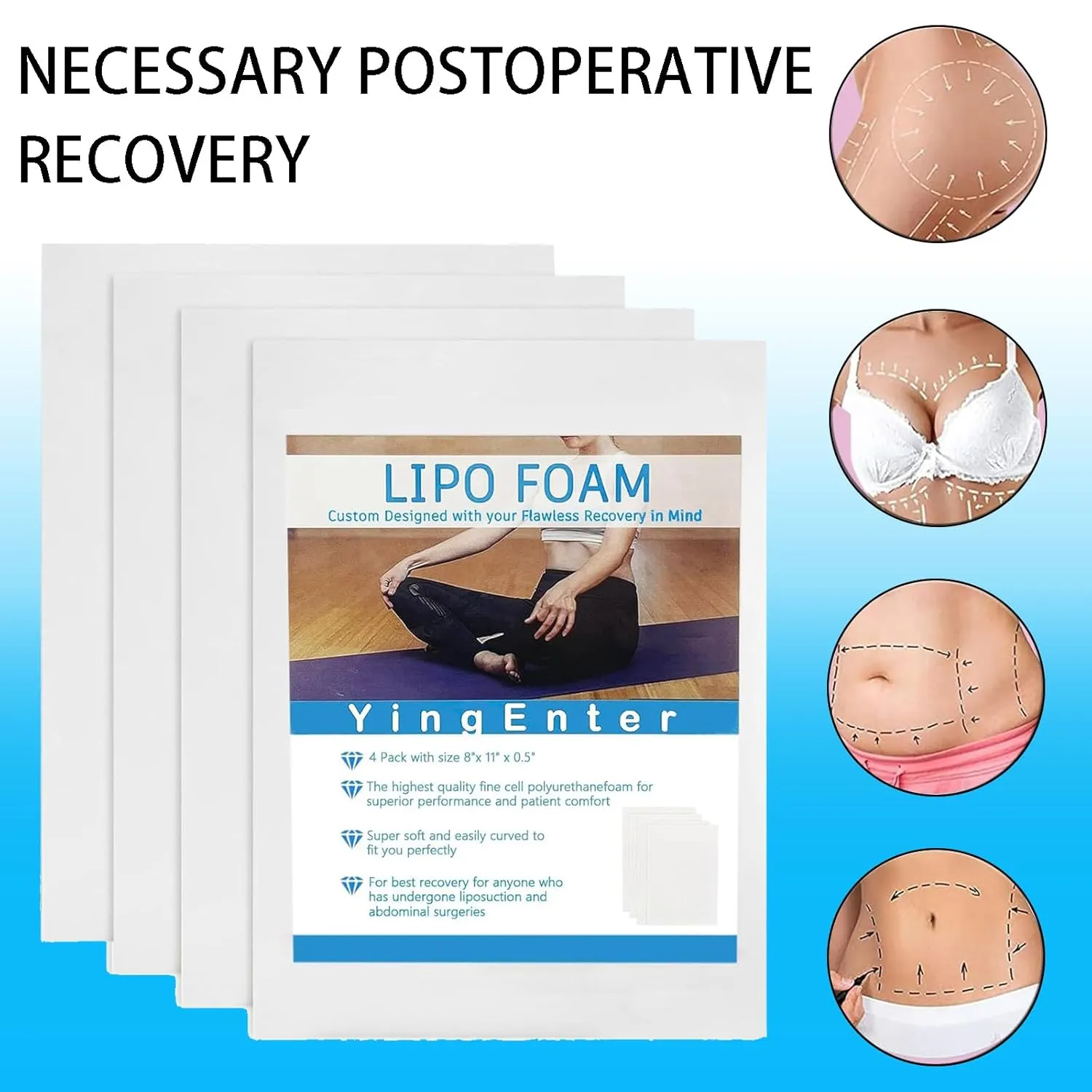 4 Pack Lipo Foam - Post Surgery Ab Board for Use with Post Liposuction Surgery Flattening Abdominal Compression Garments Liposuction Foam pads for Recovery 8"X11"