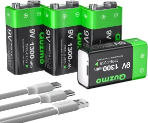 4-Pack Rechargeable 9V Batteries, 1300mAh 9 Volt Lithium-ion Long Lasting Power, USB-C Recharge with 2 in 1 Charging Cable for Smoke Alarms,Multimeters,Microphones,Walkie-Talkie,Toys