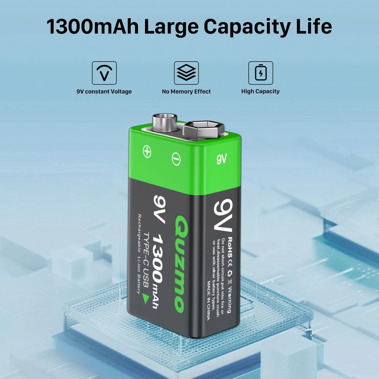 4-Pack Rechargeable 9V Batteries, 1300mAh 9 Volt Lithium-ion Long Lasting Power, USB-C Recharge with 2 in 1 Charging Cable for Smoke Alarms,Multimeters,Microphones,Walkie-Talkie,Toys