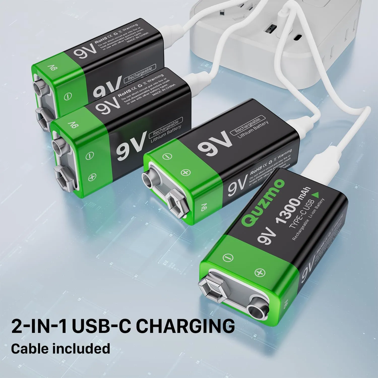 4-Pack Rechargeable 9V Batteries, 1300mAh 9 Volt Lithium-ion Long Lasting Power, USB-C Recharge with 2 in 1 Charging Cable for Smoke Alarms,Multimeters,Microphones,Walkie-Talkie,Toys