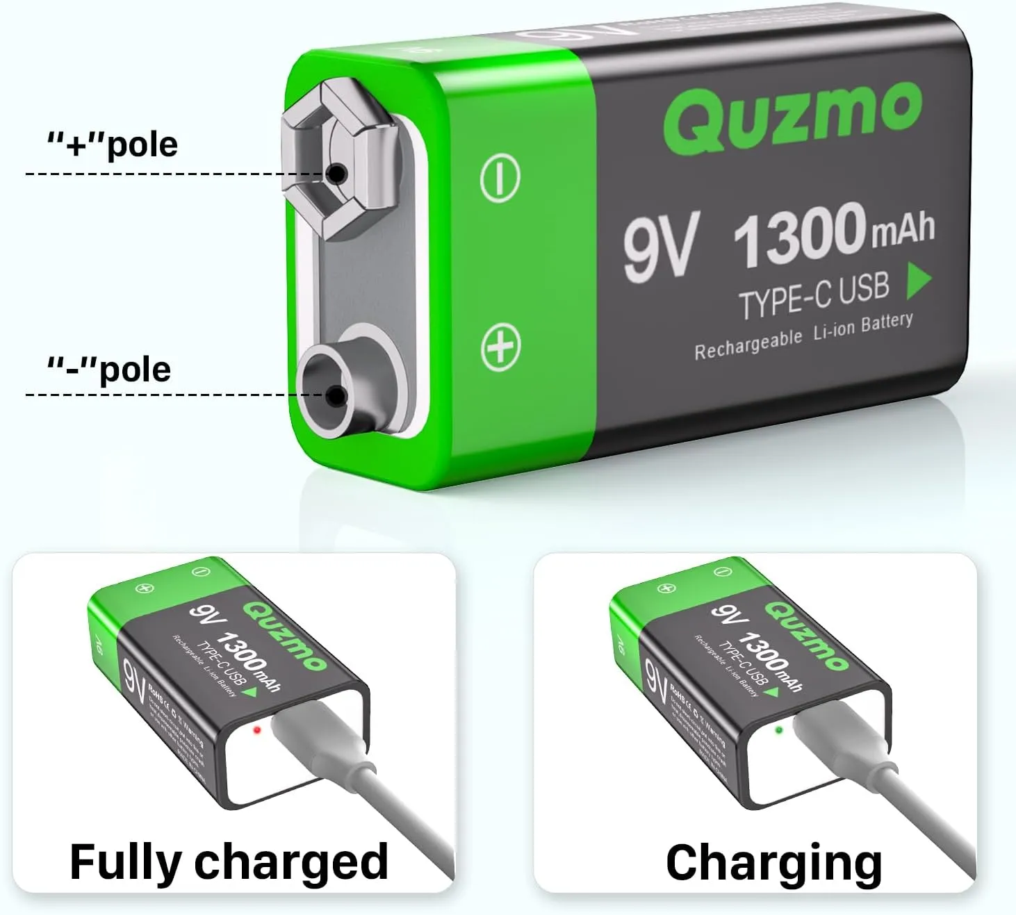 4-Pack Rechargeable 9V Batteries, 1300mAh 9 Volt Lithium-ion Long Lasting Power, USB-C Recharge with 2 in 1 Charging Cable for Smoke Alarms,Multimeters,Microphones,Walkie-Talkie,Toys