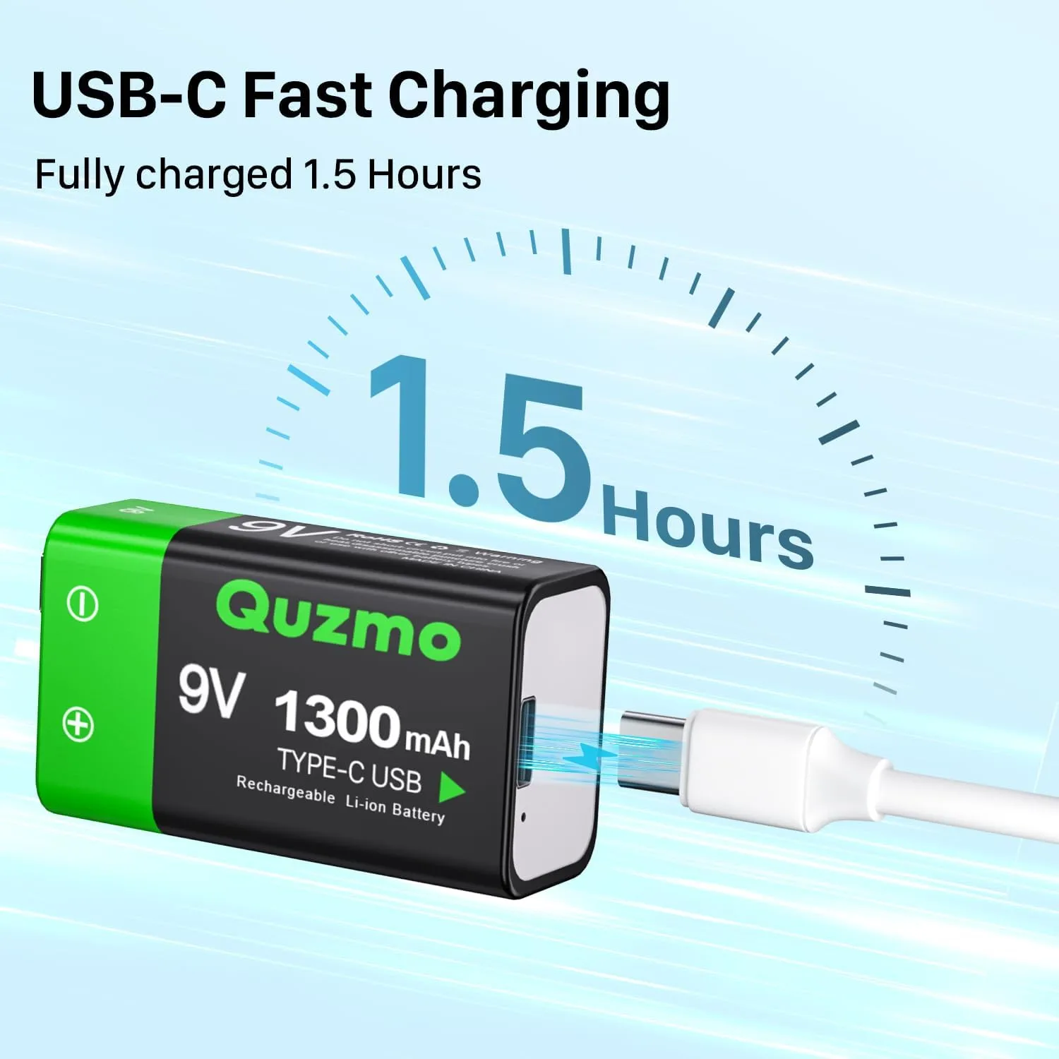 4-Pack Rechargeable 9V Batteries, 1300mAh 9 Volt Lithium-ion Long Lasting Power, USB-C Recharge with 2 in 1 Charging Cable for Smoke Alarms,Multimeters,Microphones,Walkie-Talkie,Toys