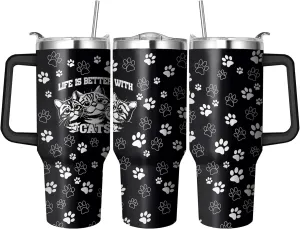 40 Oz Black Cat Tumbler With Handle and Straw, Double Wall Stainless Steel Insulated Mug for Cat Lovers, Mom or Dad - Cups Gifts for Women