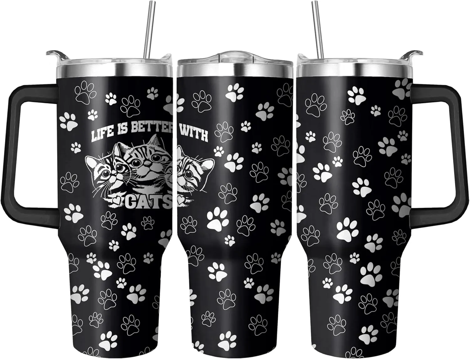 40 Oz Black Cat Tumbler With Handle and Straw, Double Wall Stainless Steel Insulated Mug for Cat Lovers, Mom or Dad - Cups Gifts for Women