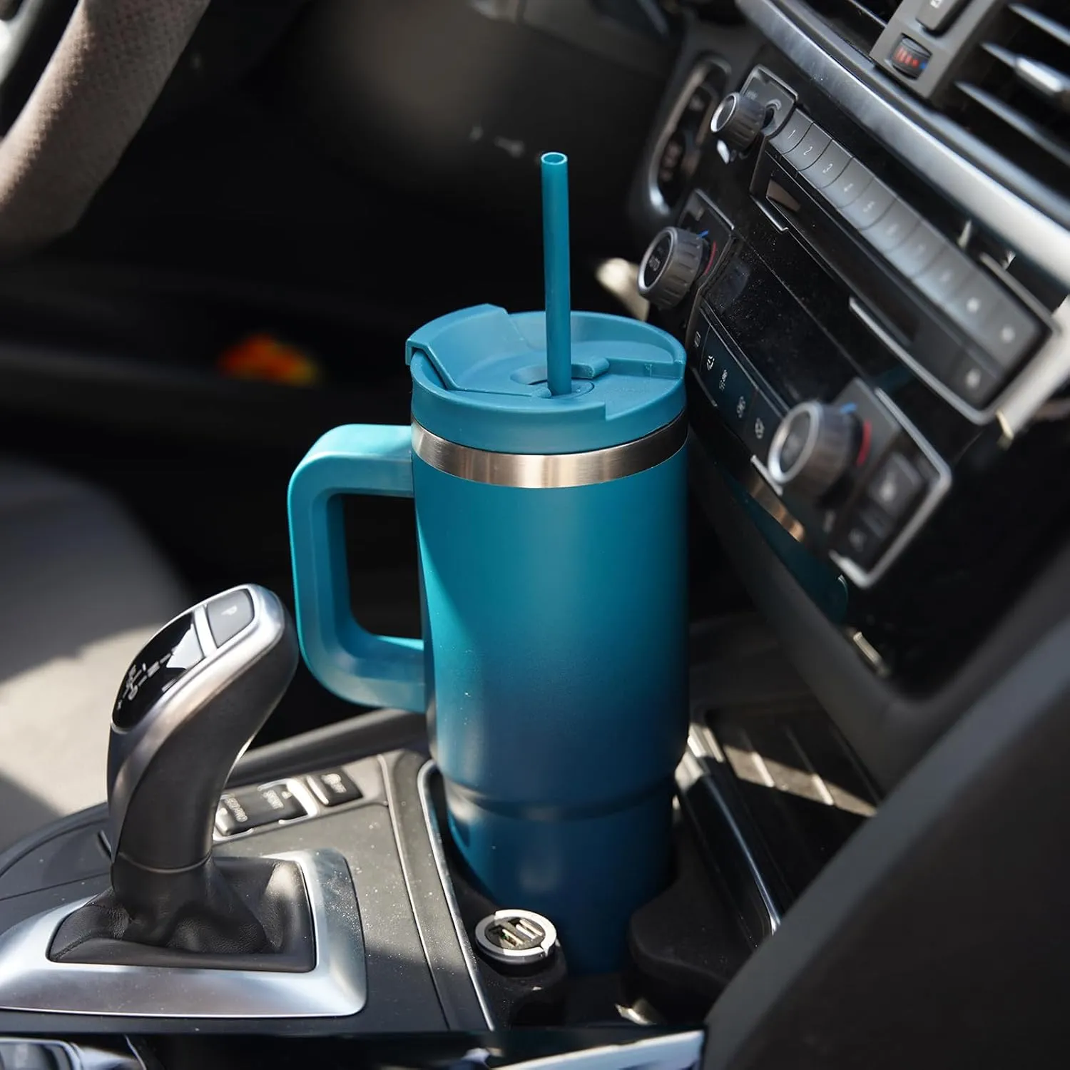 40 oz Tumbler with Handle and 2 Straws,2 in 1 Lid Insulated Water Bottle Stainless Steel Travel Coffee Mug,Blue
