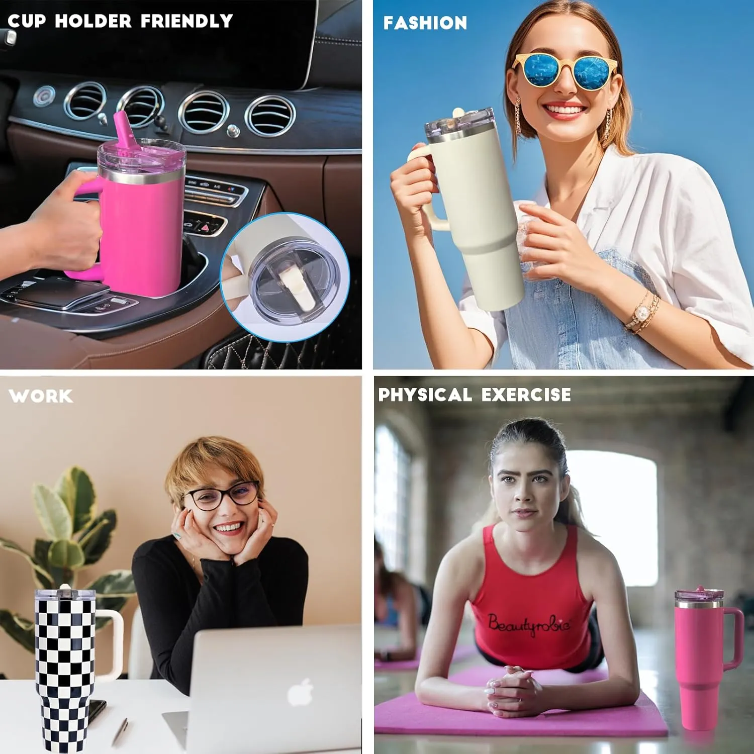 40 oz Tumbler with Handle Quenchers ProTour Detachable Flip Straw Lid Tumbler,Vacuum Insulated Tumblers with Top Leak Proof Lids and Flip Straw,Reusable Insulated Cup (Cream White, 40 oz)