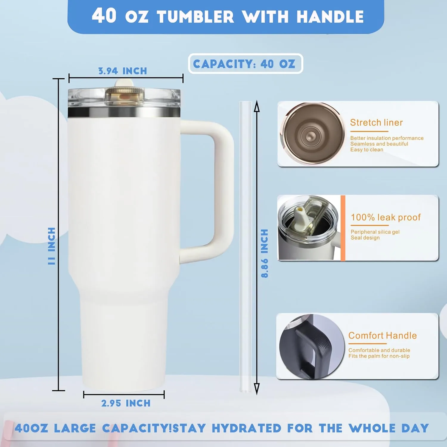 40 oz Tumbler with Handle Quenchers ProTour Detachable Flip Straw Lid Tumbler,Vacuum Insulated Tumblers with Top Leak Proof Lids and Flip Straw,Reusable Insulated Cup (Cream White, 40 oz)