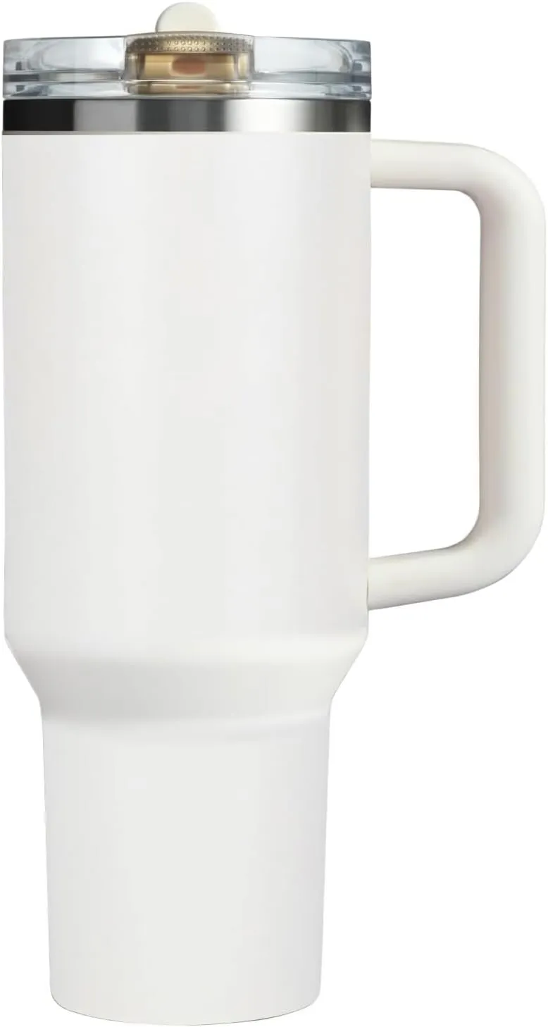 40 oz Tumbler with Handle Quenchers ProTour Detachable Flip Straw Lid Tumbler,Vacuum Insulated Tumblers with Top Leak Proof Lids and Flip Straw,Reusable Insulated Cup (Cream White, 40 oz)