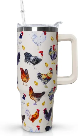 40 oz tumbler with handle,40 oz Chicken Tumbler with lid and Straw,Chicken Stainless Steel Cup Coffee Travel Mug,Chicken Gifts for Chicken Lovers,Rooster Stuff Decor Accessories