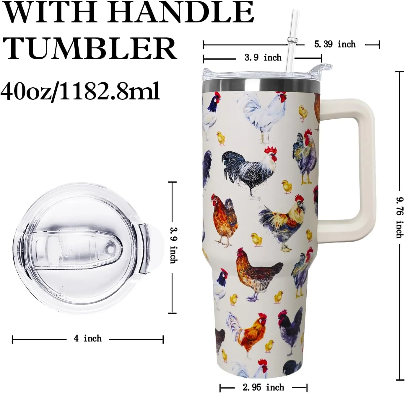 40 oz tumbler with handle,40 oz Chicken Tumbler with lid and Straw,Chicken Stainless Steel Cup Coffee Travel Mug,Chicken Gifts for Chicken Lovers,Rooster Stuff Decor Accessories
