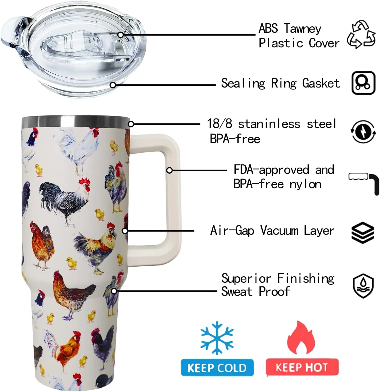 40 oz tumbler with handle,40 oz Chicken Tumbler with lid and Straw,Chicken Stainless Steel Cup Coffee Travel Mug,Chicken Gifts for Chicken Lovers,Rooster Stuff Decor Accessories