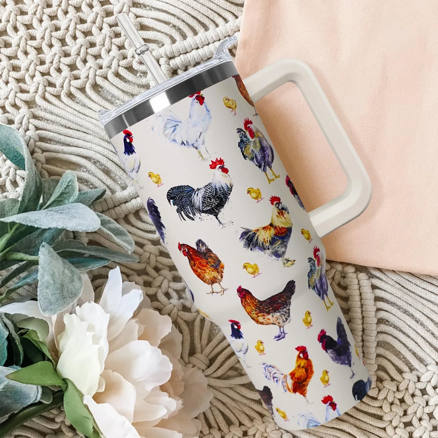40 oz tumbler with handle,40 oz Chicken Tumbler with lid and Straw,Chicken Stainless Steel Cup Coffee Travel Mug,Chicken Gifts for Chicken Lovers,Rooster Stuff Decor Accessories
