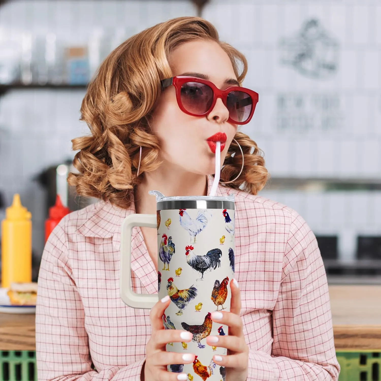 40 oz tumbler with handle,40 oz Chicken Tumbler with lid and Straw,Chicken Stainless Steel Cup Coffee Travel Mug,Chicken Gifts for Chicken Lovers,Rooster Stuff Decor Accessories