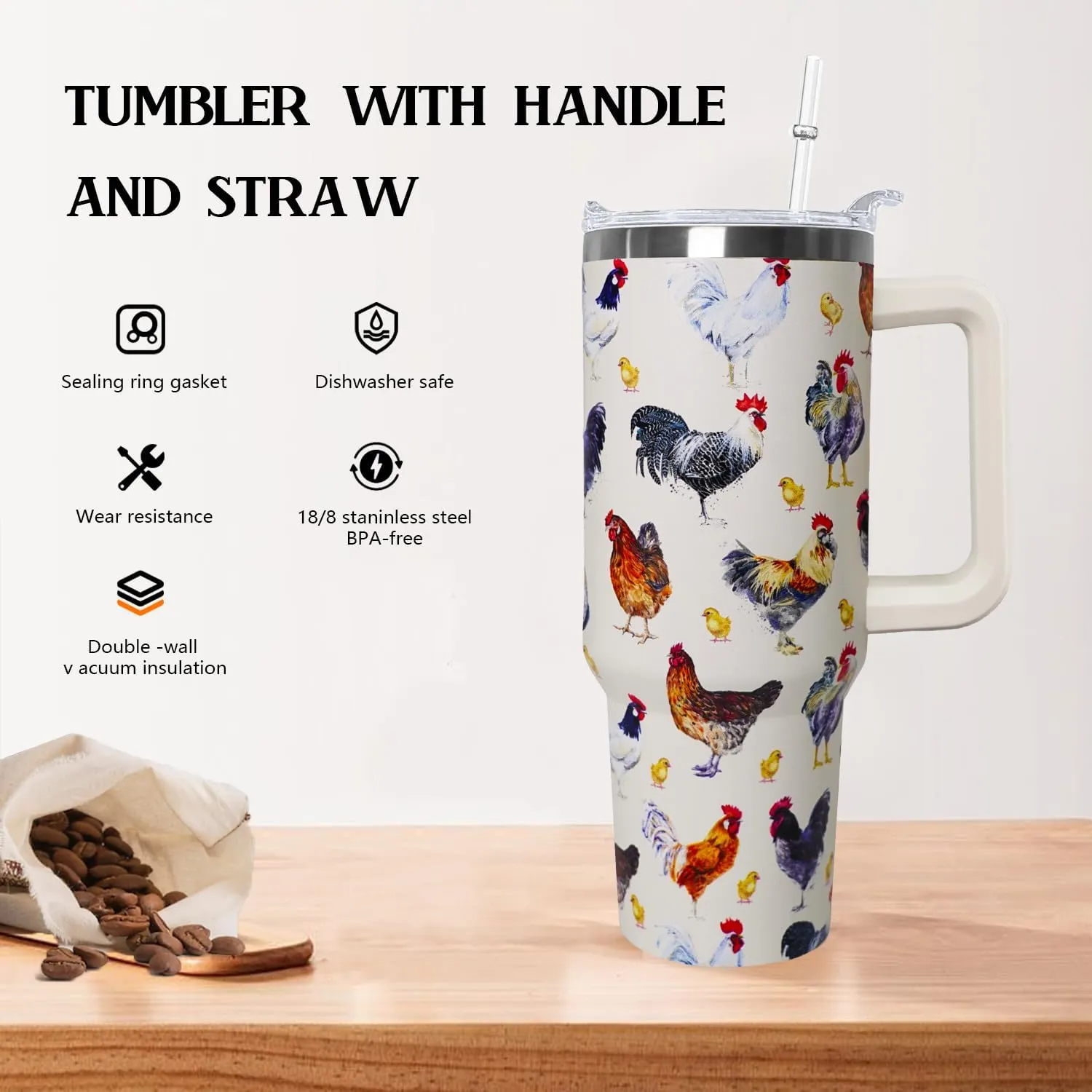40 oz tumbler with handle,40 oz Chicken Tumbler with lid and Straw,Chicken Stainless Steel Cup Coffee Travel Mug,Chicken Gifts for Chicken Lovers,Rooster Stuff Decor Accessories