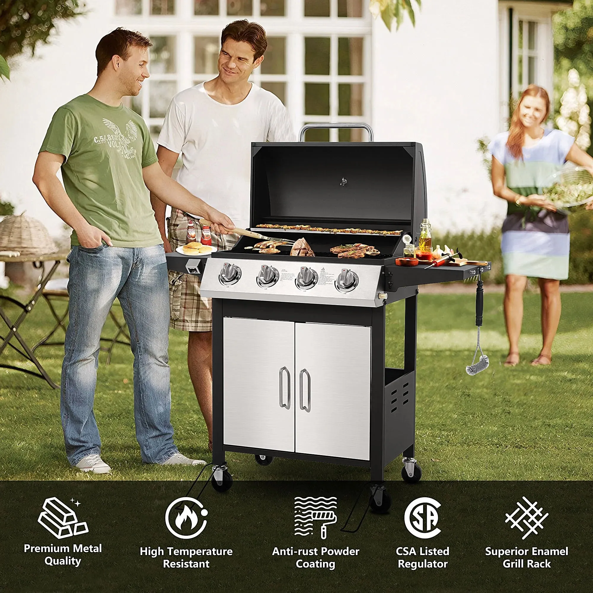 40,000BTU Grill w/Brush, 4-Burner Propane Gas Grill Stainless Steel, Outdoor Camping BBQ Grill on Wheels Portable for Patio Poolside RV
