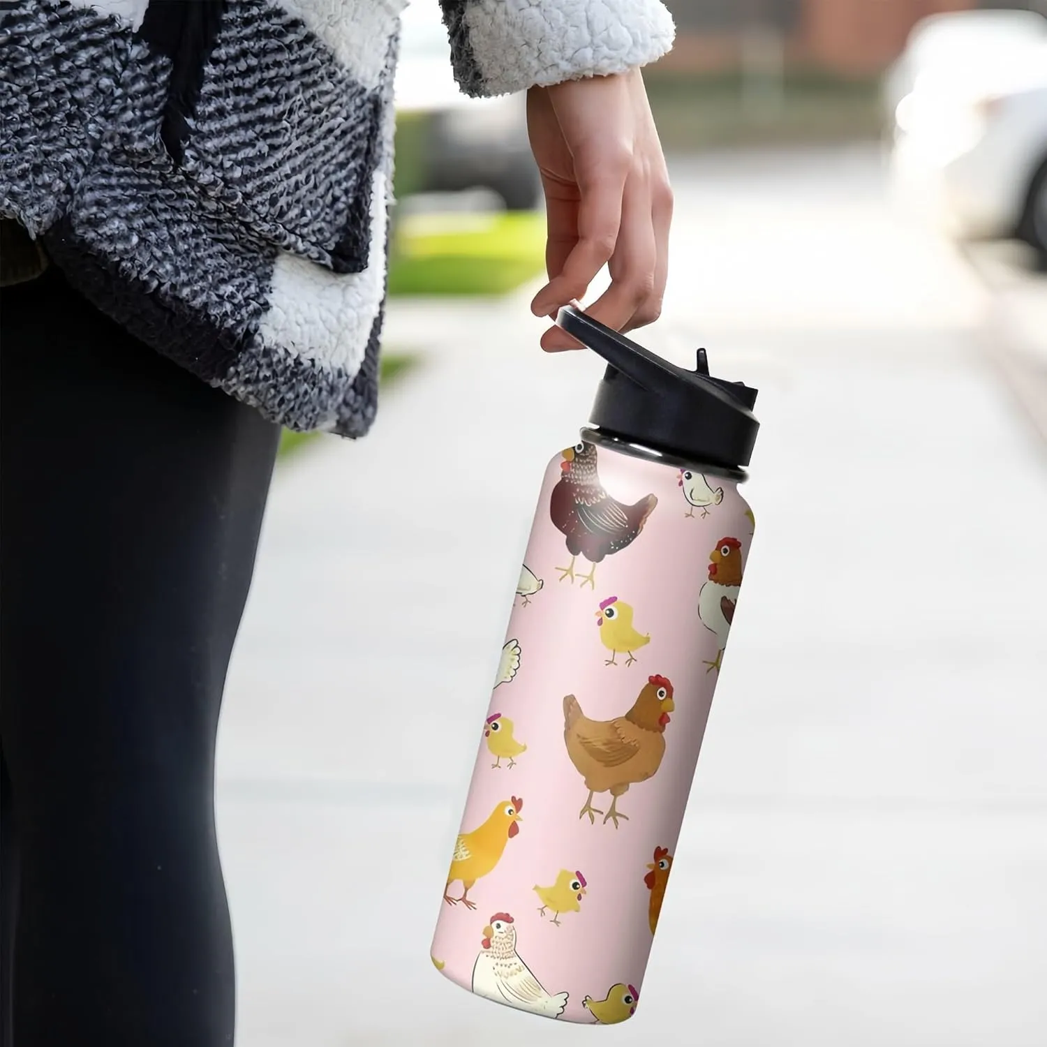 40oz Cute Chicken Water Bottle with Handle and Flip Straw, Sports Stainless Steel Insulated Cup, Travel Coffee Mug Tumbler, Birthday Mothers Day Chritmas Gifts for Women Animal Lovers