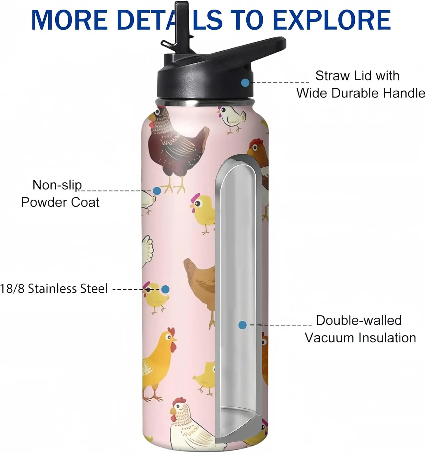 40oz Cute Chicken Water Bottle with Handle and Flip Straw, Sports Stainless Steel Insulated Cup, Travel Coffee Mug Tumbler, Birthday Mothers Day Chritmas Gifts for Women Animal Lovers