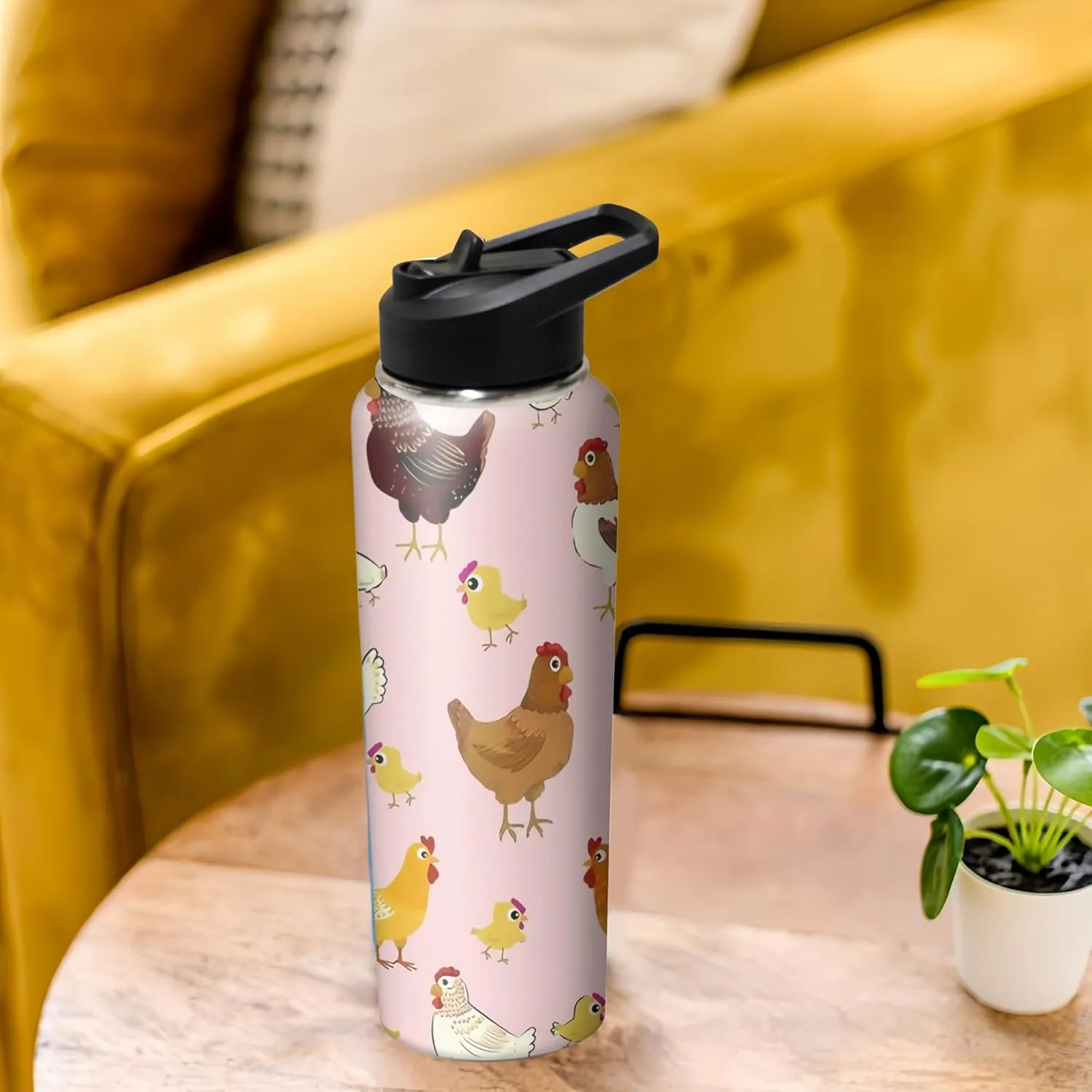 40oz Cute Chicken Water Bottle with Handle and Flip Straw, Sports Stainless Steel Insulated Cup, Travel Coffee Mug Tumbler, Birthday Mothers Day Chritmas Gifts for Women Animal Lovers