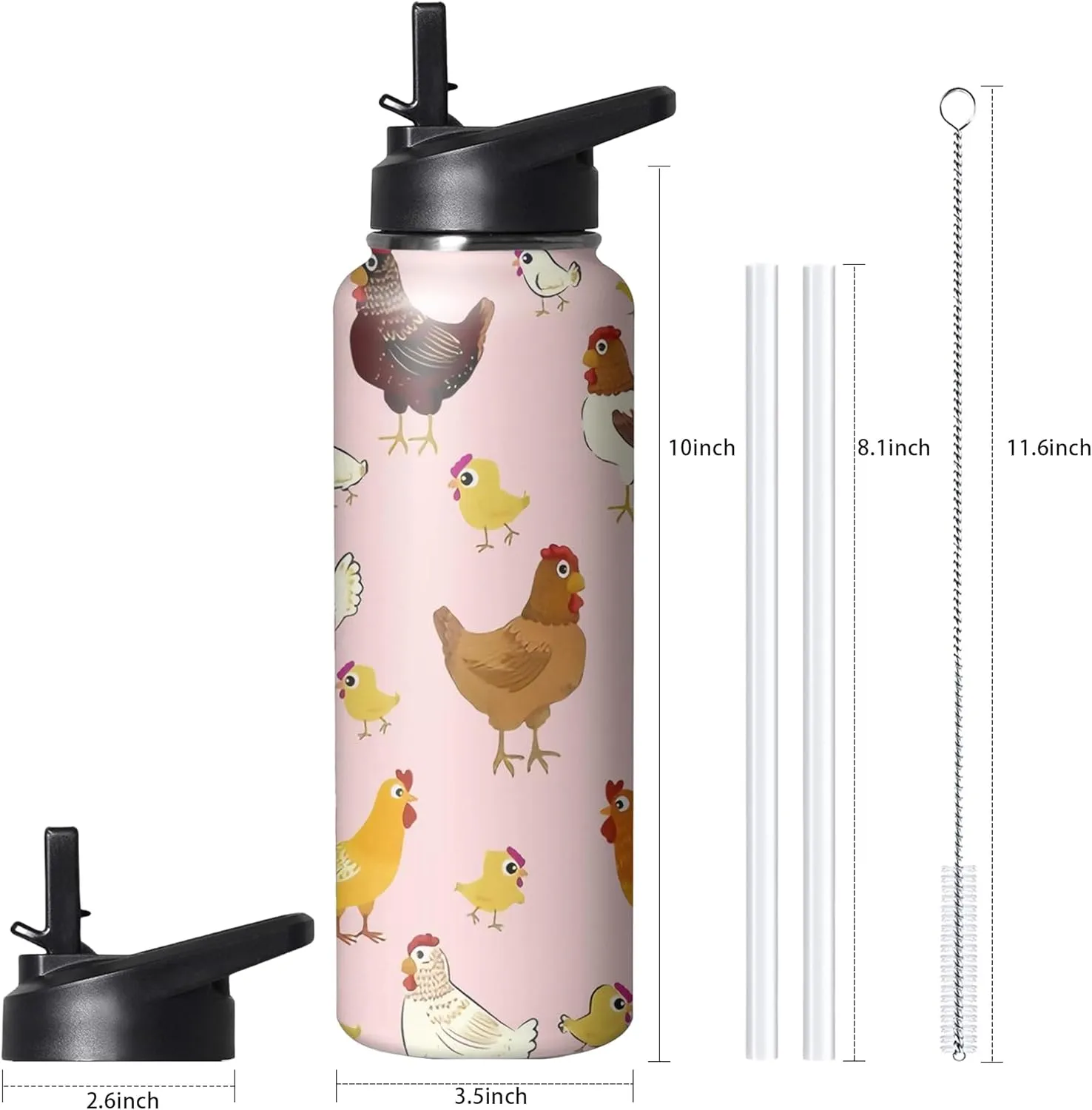 40oz Cute Chicken Water Bottle with Handle and Flip Straw, Sports Stainless Steel Insulated Cup, Travel Coffee Mug Tumbler, Birthday Mothers Day Chritmas Gifts for Women Animal Lovers