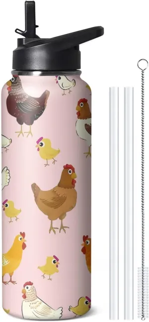 40oz Cute Chicken Water Bottle with Handle and Flip Straw, Sports Stainless Steel Insulated Cup, Travel Coffee Mug Tumbler, Birthday Mothers Day Chritmas Gifts for Women Animal Lovers