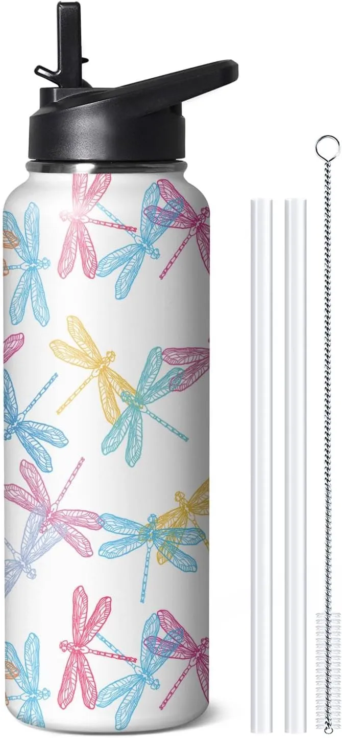40oz Cute Dragonfly Water Bottle with Handle and Flip Straw, Sports Stainless Steel Insulated Cup, Travel Coffee Mug Tumbler, Birthday Mothers Day Chritmas Gifts for Women Animal Lovers