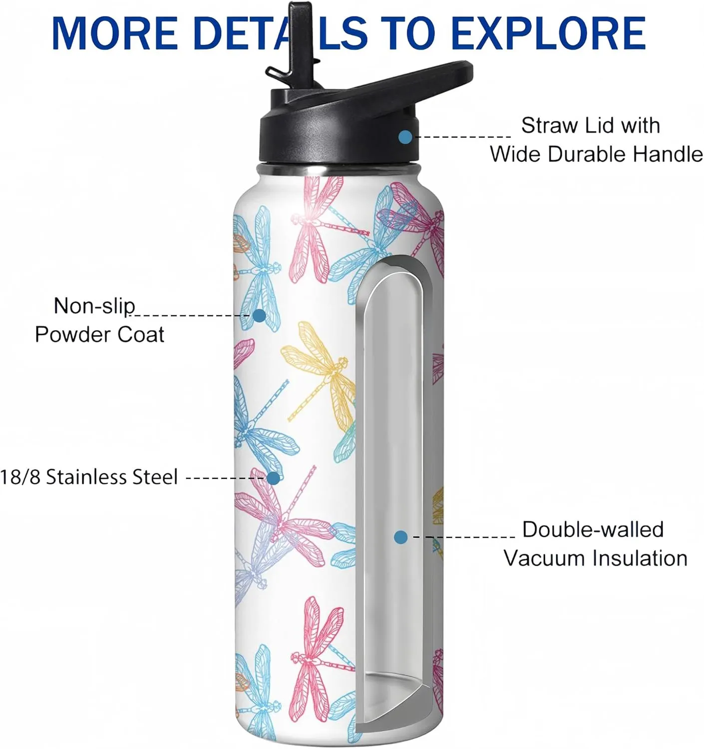 40oz Cute Dragonfly Water Bottle with Handle and Flip Straw, Sports Stainless Steel Insulated Cup, Travel Coffee Mug Tumbler, Birthday Mothers Day Chritmas Gifts for Women Animal Lovers