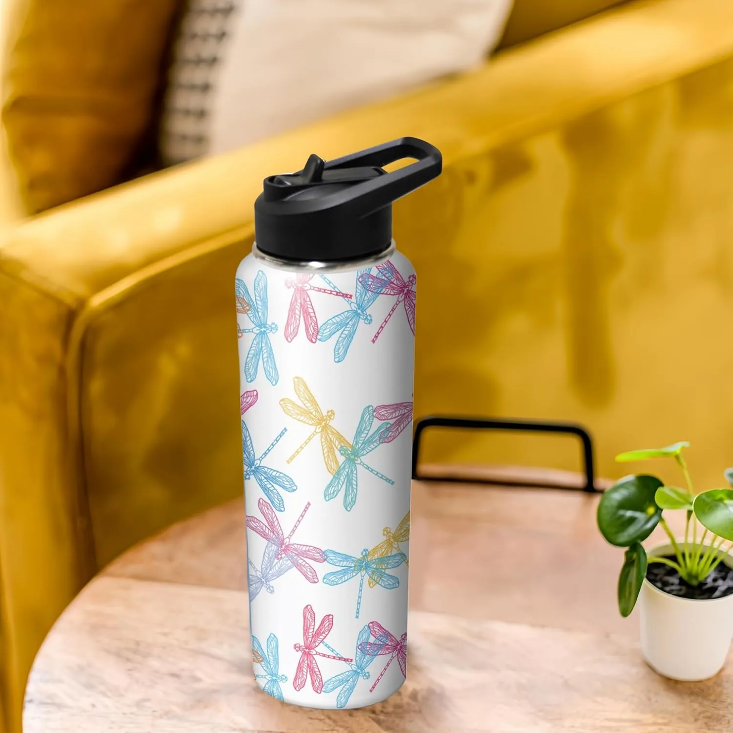 40oz Cute Dragonfly Water Bottle with Handle and Flip Straw, Sports Stainless Steel Insulated Cup, Travel Coffee Mug Tumbler, Birthday Mothers Day Chritmas Gifts for Women Animal Lovers