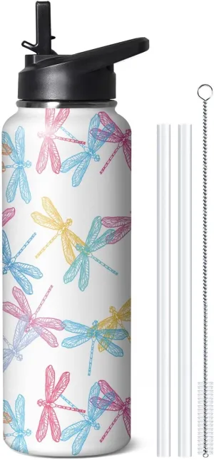 40oz Cute Dragonfly Water Bottle with Handle and Flip Straw, Sports Stainless Steel Insulated Cup, Travel Coffee Mug Tumbler, Birthday Mothers Day Chritmas Gifts for Women Animal Lovers